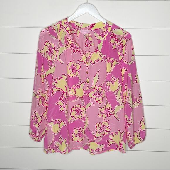 Lilly Pulitzer Elsa Daylily Silk Blouse Pink Yellow Size Small - Picture 2 of 9